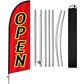 QSUM 8FT Open Signs for Business, Eye Catching Advertising Open Banner with Stainless Steel Flagpole, Ground Stake and Polyester Flag (Red & Black)