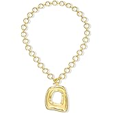 17 MILE Chunky Gold Necklace for Women, 14K Gold Plated Vintage Boho Big Matte Asymmetrical Hollow Square Pendant Necklace, Lightweight Toggle Clasp Statement Necklace