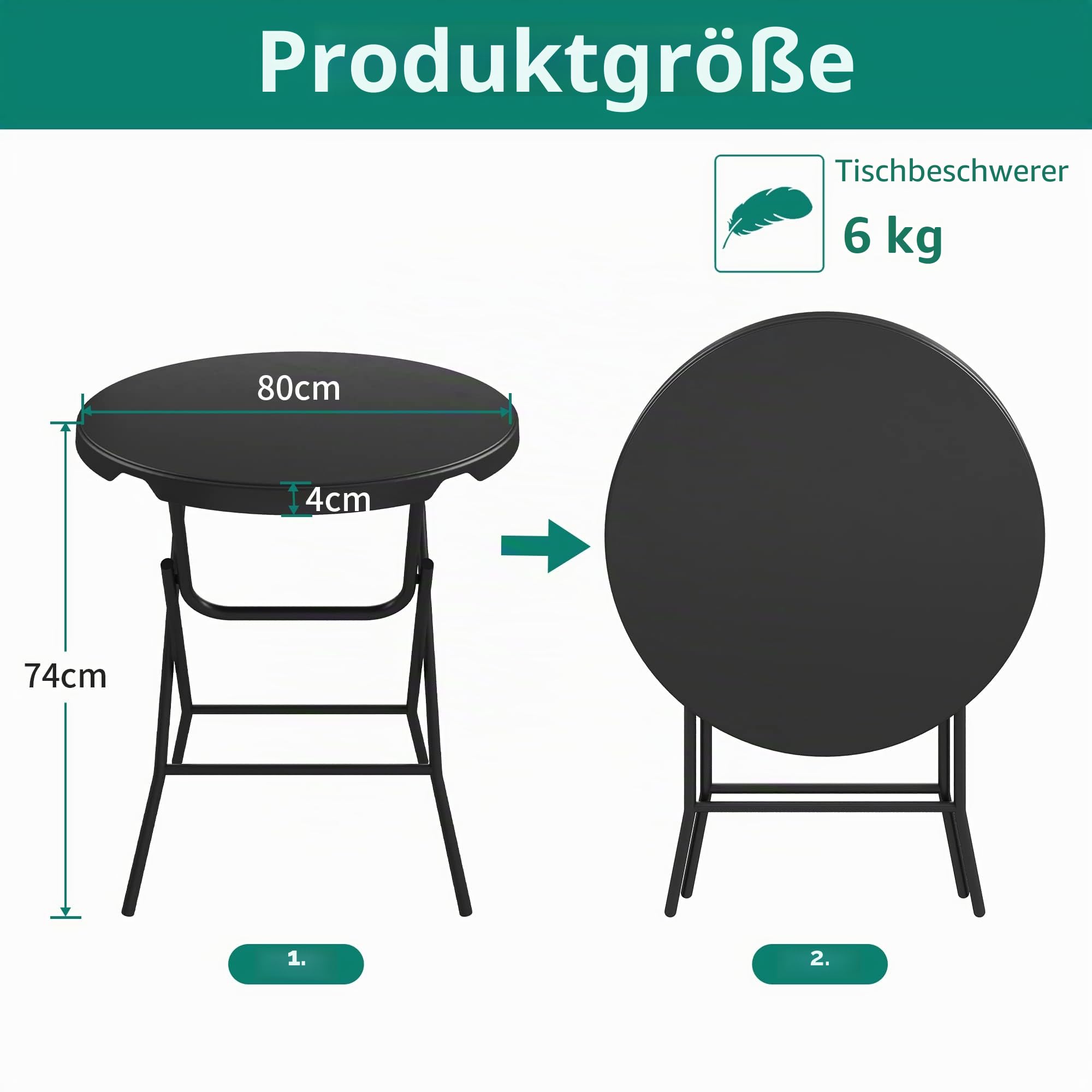YITAHOME 80cm Gartentisch, Runder Klapptisch, Balkontisch Klappbar, Campingtisch Wetterfest für Outdoor Party Strand BBQ, mit Rostfreie Metallrahmen, 80 x 80 x 74cm, Schwarz 3