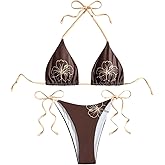 BEAUDRM Women's Two Piece Y2K Floral Bikini Sets High Cut String Thong Bikini Triangle Halter Cheeky Bathing Suit Swimsuit