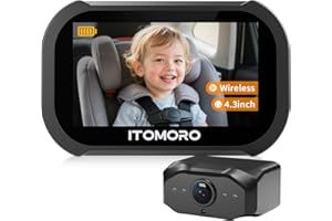 Itomoro Wireless Baby Car Camera, Rechargeable Car Baby Monitor with 4.3" HD 1080P Night Vision Display, Backseat Camera for Kids Max Range 1000FT, Easy Installation 360° Rotatable Rear Facing Mirrors