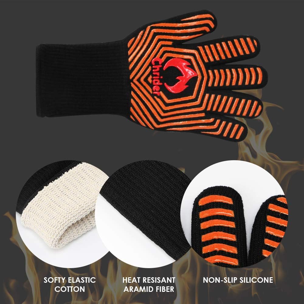 Chrider BBQ Gloves 1472°F Extreme Heat Resistant Gloves Grilling Gloves, 13" Silicone Non-Slip BBQ Mitt for Grilling, BBQ Smoker, Barbecue Gloves, Kitchen Cooking, Oven Mitts - 1 Pair: Kitchen & Dining