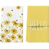 Artoid Mode Yellow Flowers Bee Hello Sunshine Spring Kitchen Towels Dish Towels, 18x26 Inch Summer Holiday Decoration Hand Towels Set of 2
