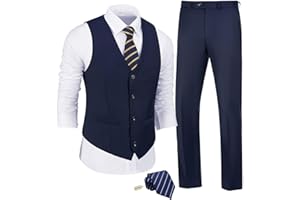 JPF Men's 2 Piece Slim Fit Suit Set, Solid Vest and Pants Suit for Men with Tie