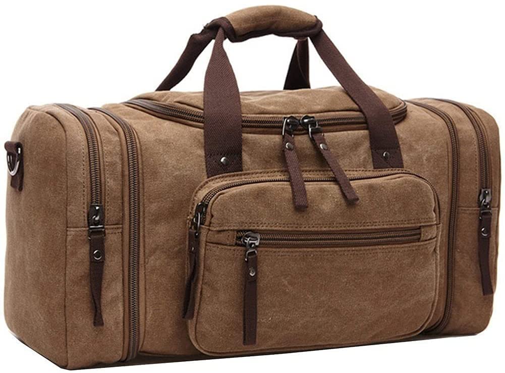 Unisex Canvas Holdall, AIZBO Travel Carry On Duffles Bags Overnight Weekend Weekender Bag for Men and Women (Expansion Capacity: 58 * 25 * 30cm) (Brown)