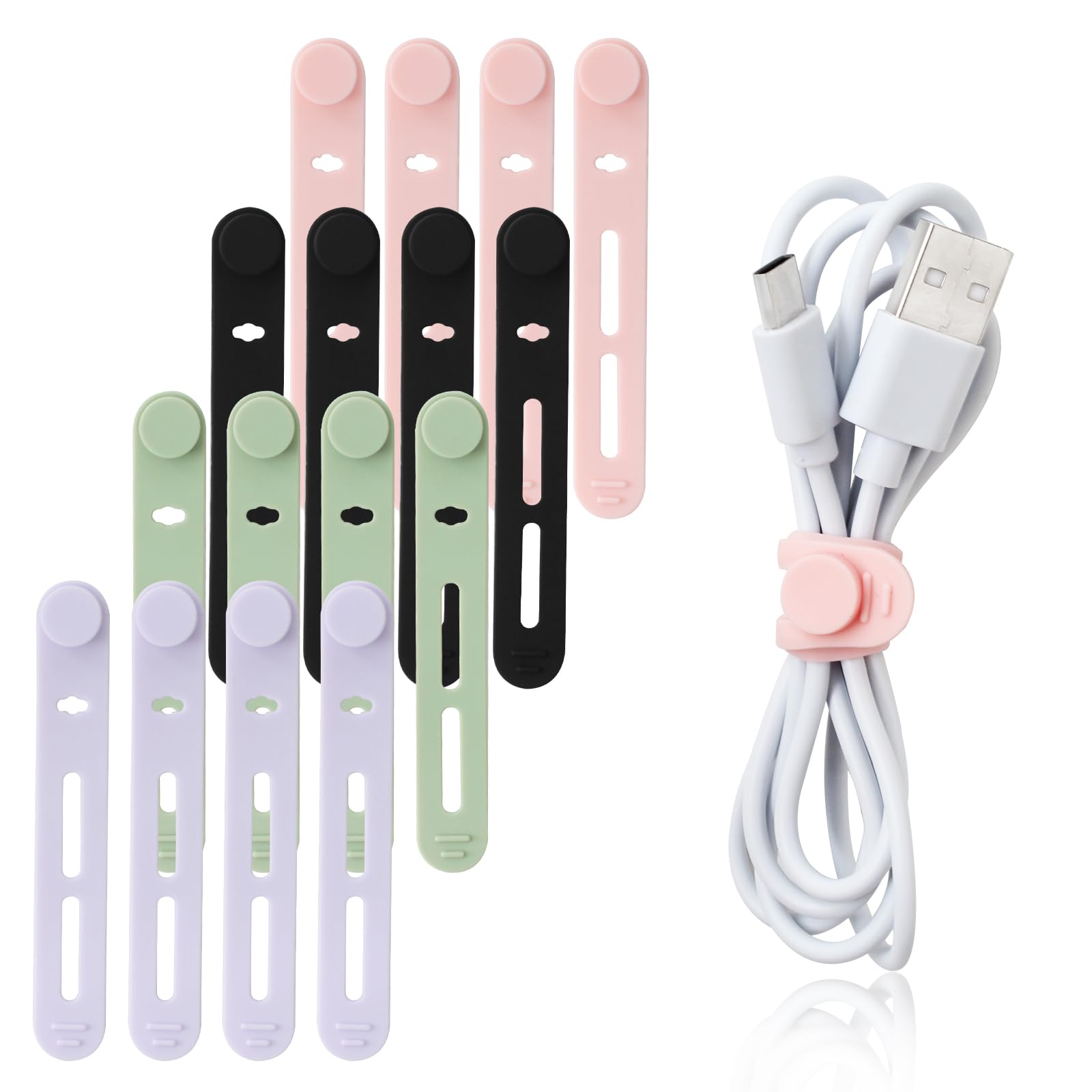 TamBee Cable Ties Reusable Silicone Cable Straps 16pcs Cable Wire Ties Cable Cord Organizers for Earphone Phone Charger Cable Computer (16Pcs, Mix-Color)