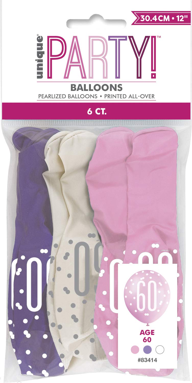 Vibrant 60th Glitz Petal Pink, Spring Lavender & White Latex Balloons (30cm) - Perfect for Birthday, Party Decor & More - 6ct
