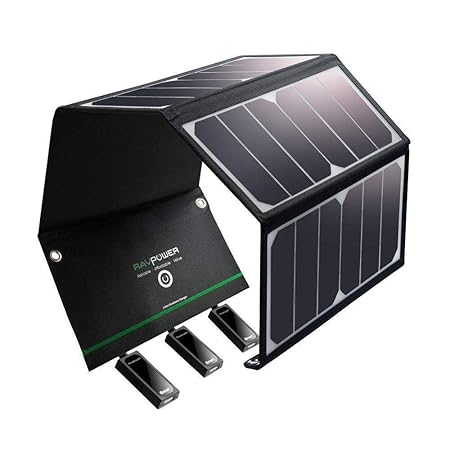 RAVPower, Solar Charger Pannel with Triple USB Ports Foldable Portable High Efficienc for iPhone, iPad, 24W Power, Black