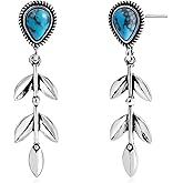 Teppdfann Turquoise Leaf Earrings for Women – Boho Silver Drop Dangle Earrings with Teardrop Turquoise Jewelry Western Earrings for Gift