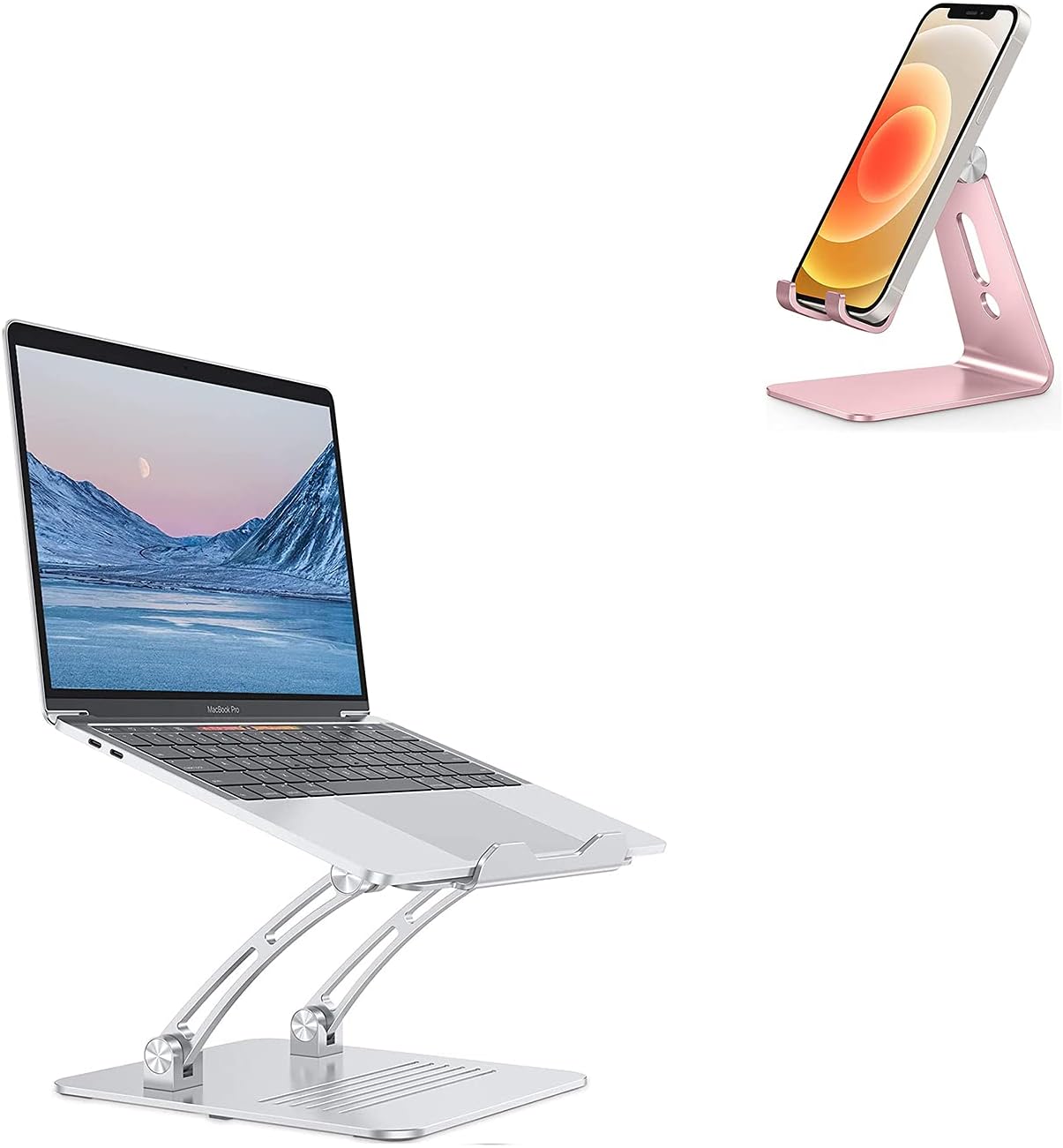 OMOTON Adjustable Laptop Stand Holder for Desk Silver & Cell Phone Stand C1 Rose Gold