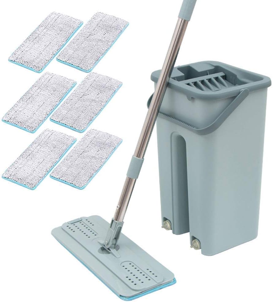 Mop and Buckets Sets Squeeze Flat Mop, 1 Bucket, Wet Dry Floor Cleaning Hand Free, 6