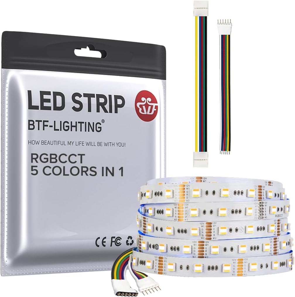 BTF-LIGHTING 5050 RGBCCT 5in1 16.4FT 5M 60LEDs/m 300 LEDs RGB+Warm White+Cool White LED Strip IP30 Non-Waterproof White PCB 5 Colour in 1 DC12V for Stairs Room Garden Indoor Lighting — image 1