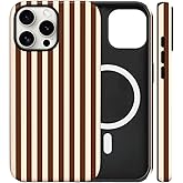 flewfun Magnetic for iPhone 16 Pro Max Case Cute Stripes Phone Case, Shockproof Slim TPU and Hard PC Protective Phone Cover Compatible with MagSafe Designed for Women Girls, Brown