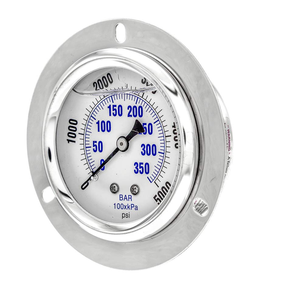 PIC Gauge PRO-204L-254R Glycerin Filled Industrial Front Flanged Panel Mount Pressure Gauge with Stainless Steel Case, Brass Internals, Plastic Lens, 2-1/2" Dial Size, 1/4" Male NPT, 0/5000 psi