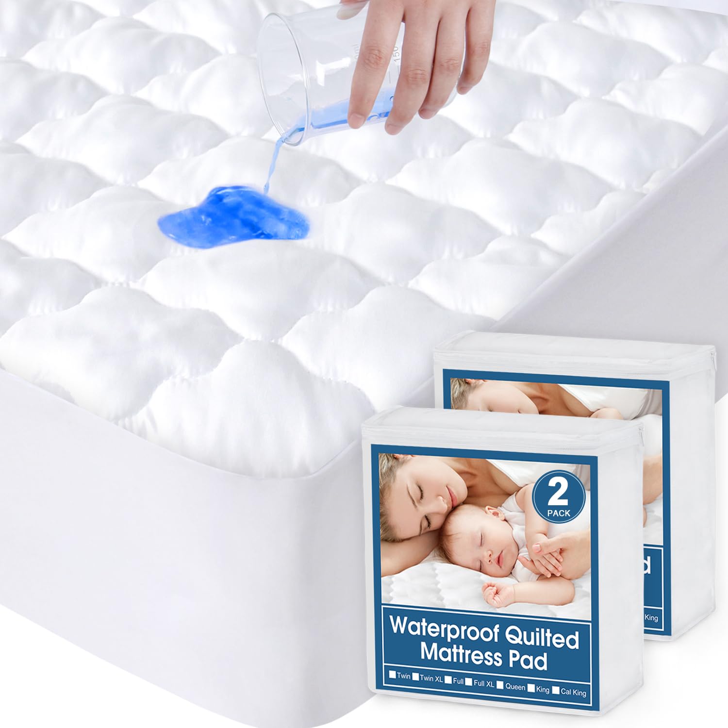 Photo 1 of 2 Pack Full Size Mattress Protector Pad Waterproof Quilted, Breathable & Cooling Full Mattresses Pad Cover Fitted with Deep Pocket Up to 14" for Double Bed, (White)