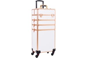 AROUS Rolling Makeup Train Case Large Storage Cosmetic Trolley 4 in 1 Large Capacity Trolley Makeup Travel Case with Key Swivel Wheels Salon Barber Case Traveling Cart Trunk, White