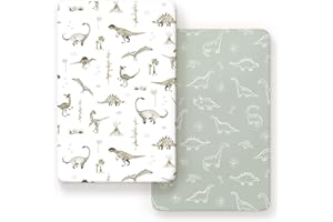GRSSDER Stretch Ultra Soft Jersey Knit Fitted Pack n Play Sheets Set 2 Pack, Portable/Mini Crib Sheets for Boys and Girls,Dinosaur
