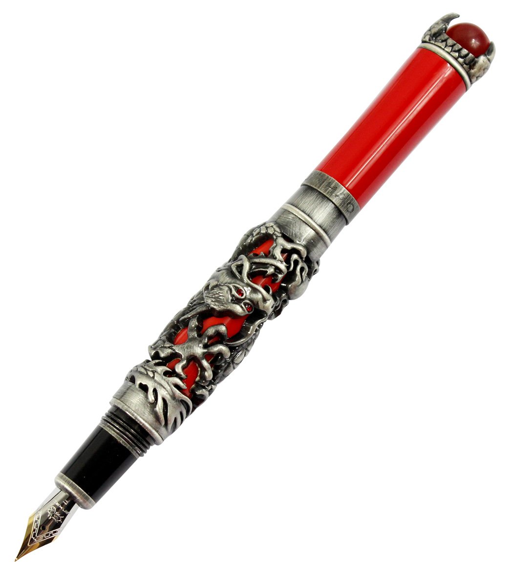 Gullor JinHao Antique Silver Dragon Style 3D Carved Fountain Pen With Red Pearl, Medium Nib, Red