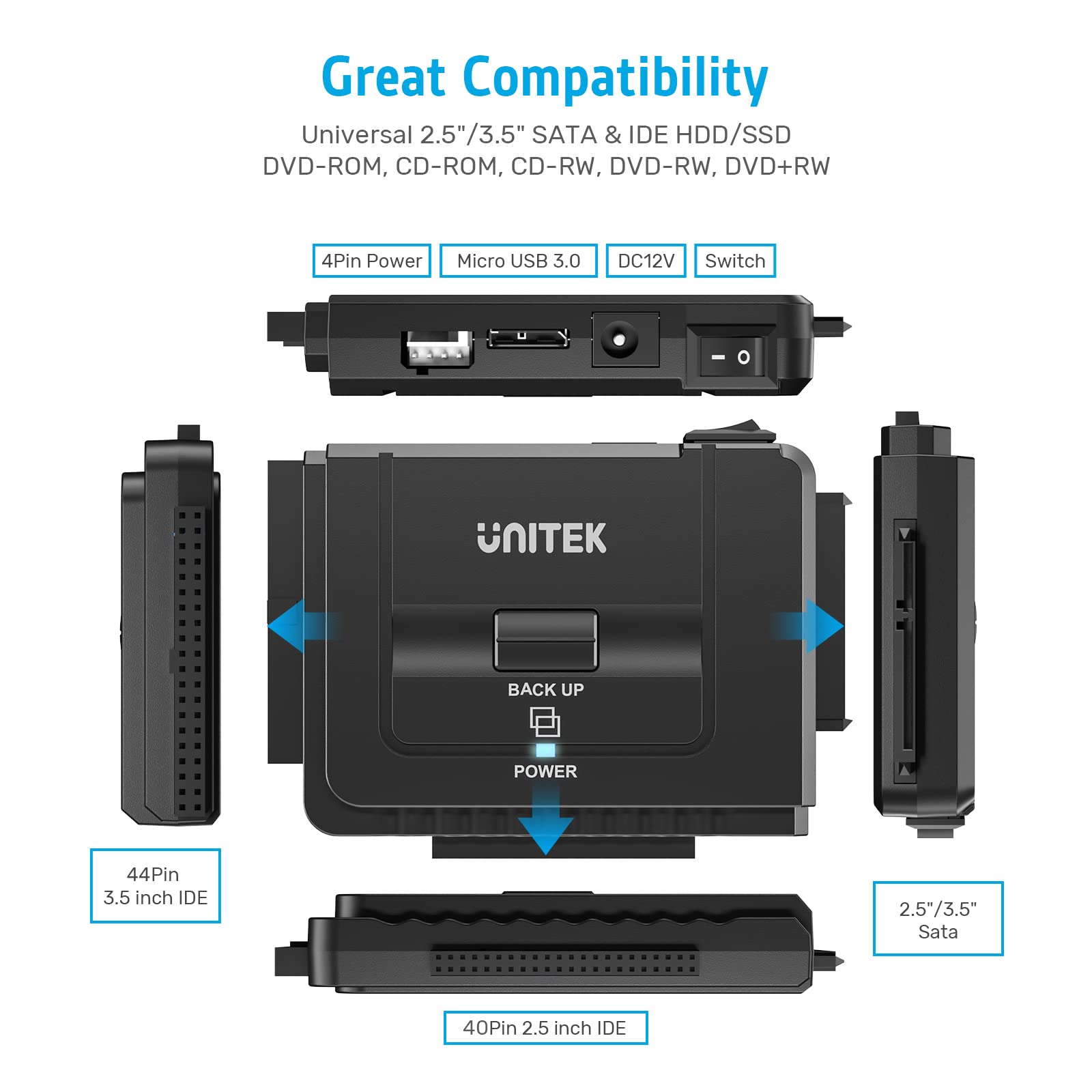 UNITEK USB 3.0 zu IDE SATA Konverter Externer Festplattenadapter für 2.5/3.5 Zoll HDD SSD Festplatten Unterstützung OTB mit Externe DC 12V 2A 5