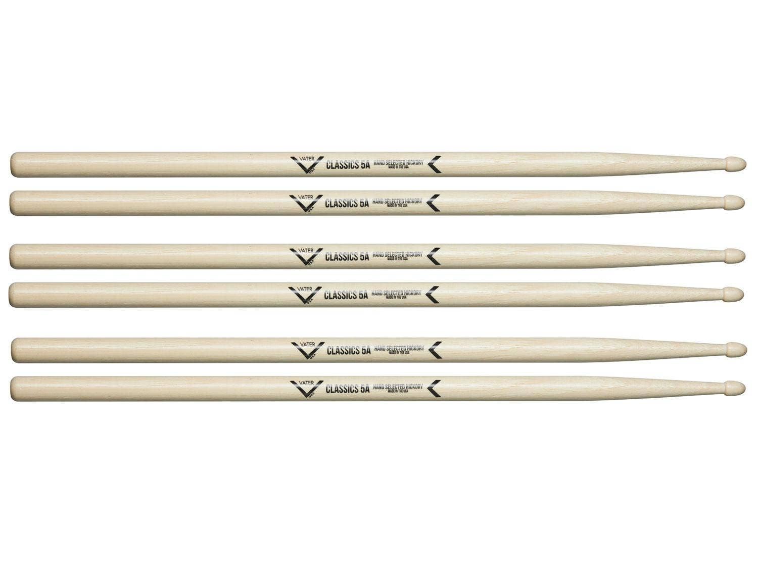 Vater - Classics 5A (Wood Tip) American Hickory Drumsticks - 3 pair pack - VSP35ACL
