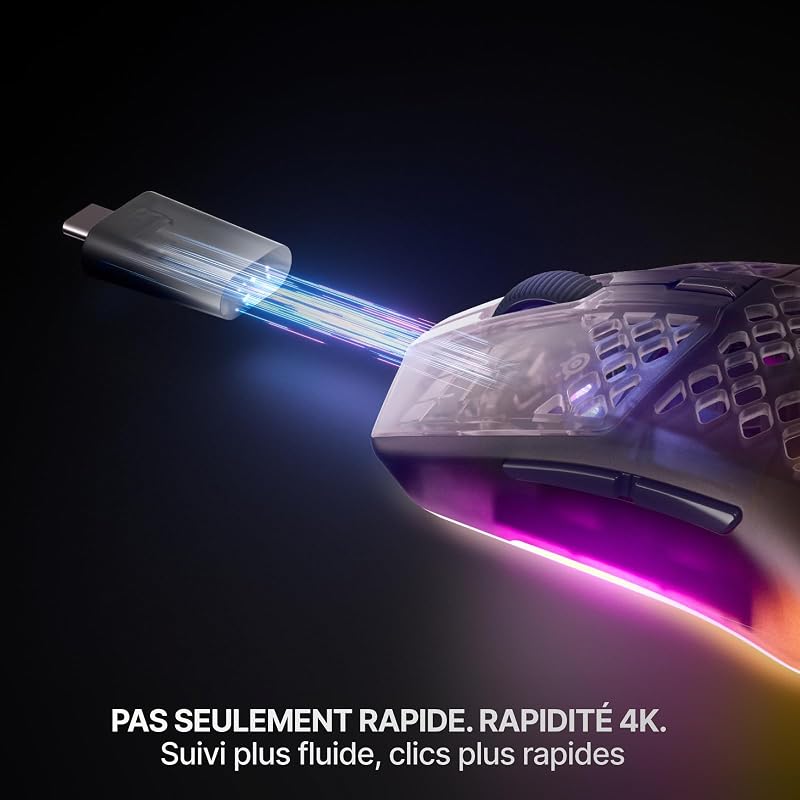 Aerox 3 Wireless Gen 2 - Souris 68 g, Polling Rate 4K (4000 Hz), Capteur Optique 26K DPI, Batterie 200h, Étanchéité IP54, Switchs 80 Millions de Clics, RGB, Patins 100% PTFE, Shadow