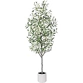 AQUGQ Olive Tree Artificial Indoor, 5ft Tall Silk Faux Olive Tree with White Planter, Artificial Plants with Natural Wood Trunk and Lifelike Fruits for Home Office Decor