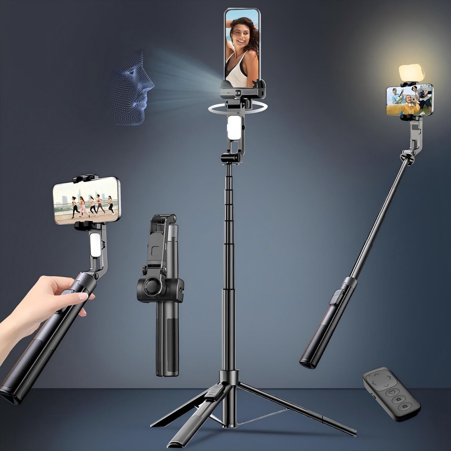 Photo 1 of 71" Tripod for iPhone with Light, Auto Face Tracking Selfie Stick Tripod, Upgrade Strong Gimbal Stabilizer 360 Rotation with Remote for Content Creator Vlog Live Streaming Video Record Tiktok YouTube