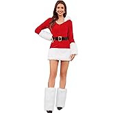 LEACOOLKEY Women's Christmas Dress Suit Cosplay Mrs Claus Costume Outfit with White Furry Leg Warmers