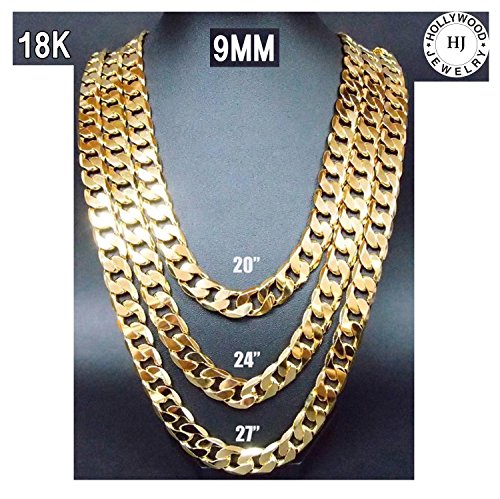 Gold chain necklace 9.1mm 18k diamond cut smooth cuban …