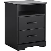 Prepac Rustic Ridge Farmhouse Nightstand Bedside Table, Black Nightstand for Bedroom, End Table with 2 Drawers and Open Shelf