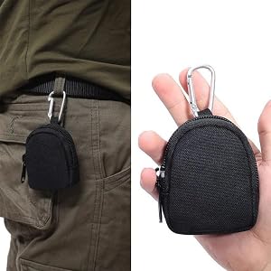 Mini Canvas Key Pouch Portable Coin Purse Outdoor Tactical Utility Accessory Bag with Carabiner for Hanging Storage (Black)