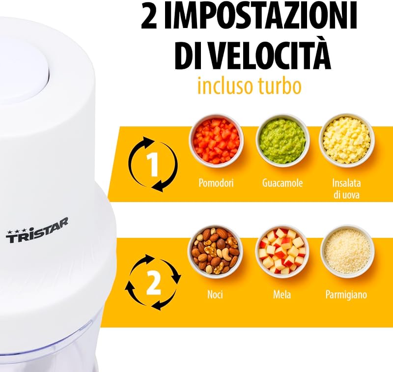 Tritatutto in Acciaio Inox, Motore 400W, 2 Velocità con Turbo, 2 Lame in Acciaio, Ciotola 0.5L, Design Compatto, Parti Lavabili in Lavastoviglie, BL-4023
