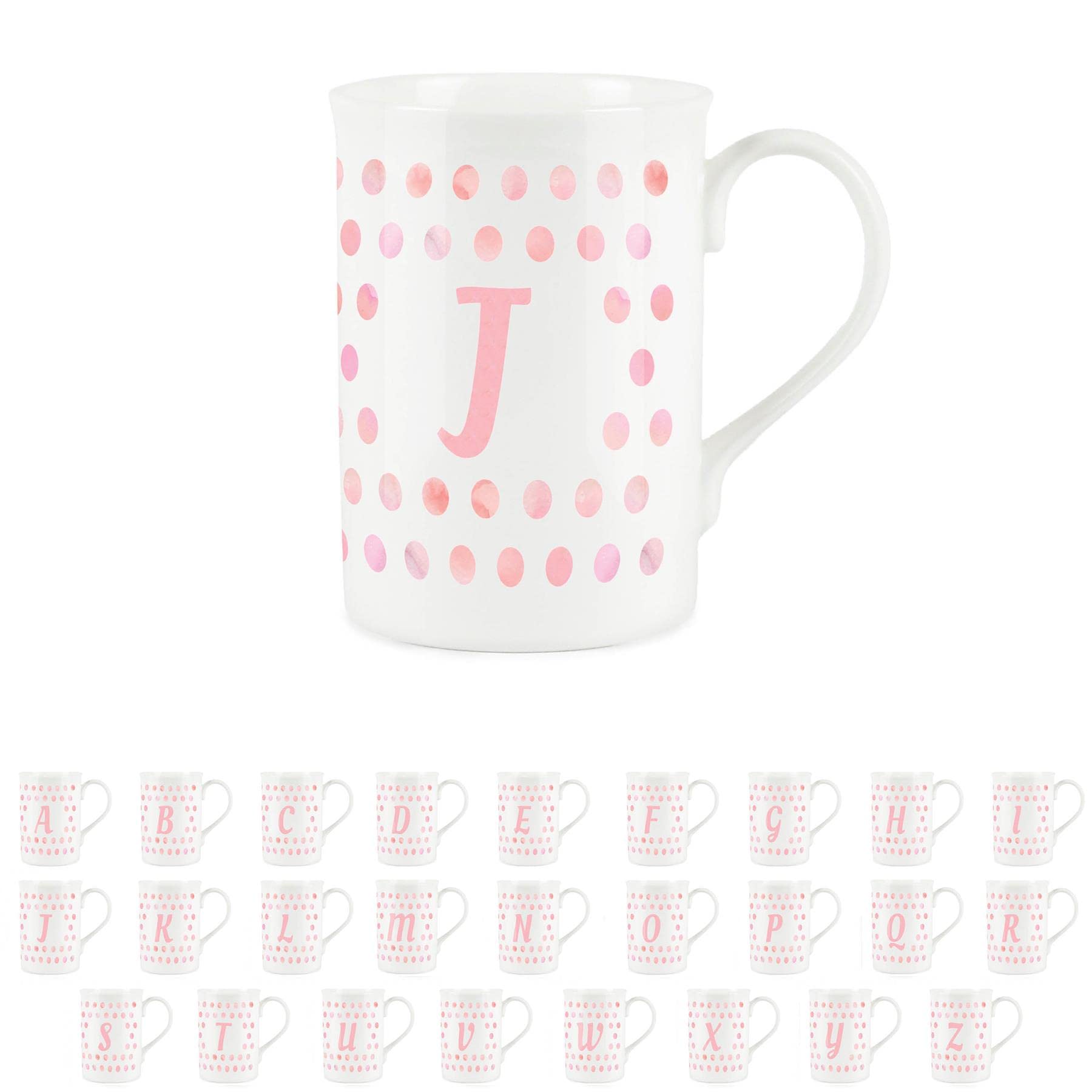 Purely Home Pink Polka Dots Spots Letter J Mug - Fine Bone China Alphabet Initials Gift/Present Mug