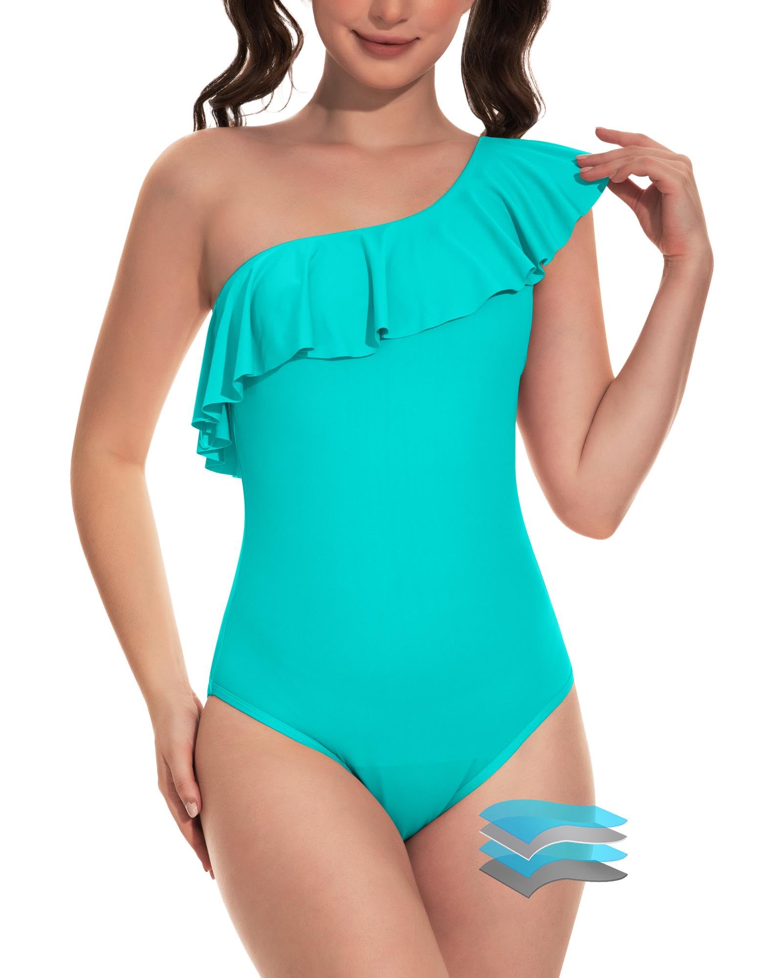 Photo 1 of Beautikini Period Swimwear One Piece Menstrual Leakproof Swimsuit One Shoulder Ruffle Bathing Suits for Girls Teens Blue Curacao