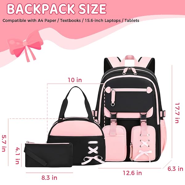 TYHOTULY 3PCS CUTE AESTHETIC GIRLS BACKPACK WITH LUNCH BOX PENCIL CASE SET, ELEMENTARY MIDDLE HIGH SCHOOL STUDENT BOOK BAG FOR KIDS TEENS, LARGE CAPACITY KAWAII PREPPY BOW TIE BOOKBAG