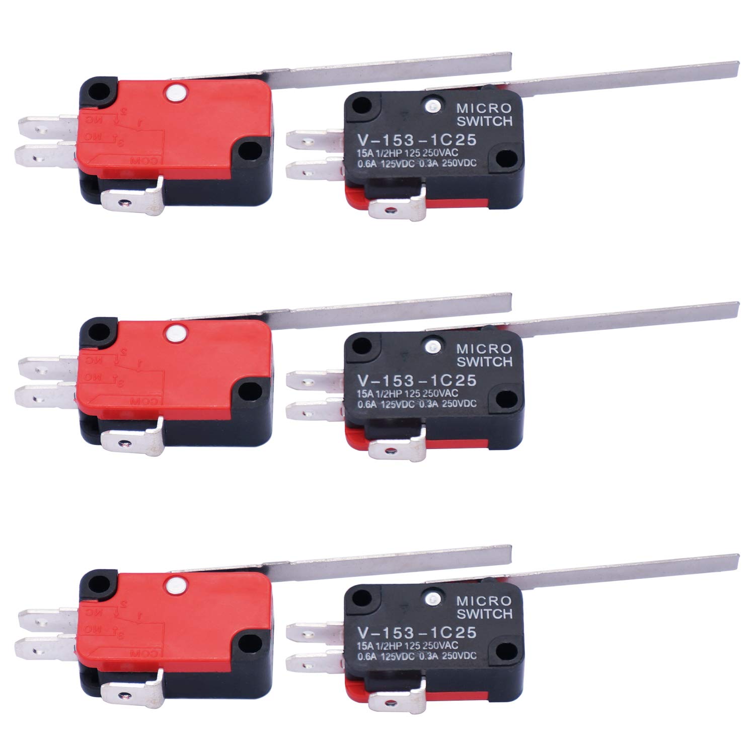 mxuteuk 6Pcs Micro Limit Switch Long Straight Hinge Lever Arm SPDT Snap Action Switch for Arduino V-153-1C25