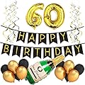 60th Birthday Party Pack â€“ Black & Gold Happy Birthday Bunting, Poms, and Swirls Pack- Birthday Decorations â€“ 60th Birthday Party Supplies