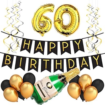 60th Birthday Party Pack â€“ Black & Gold Happy Birthday Bunting, Poms, and Swirls Pack- Birthday Decorations â€“ 60th Birthday Party Supplies