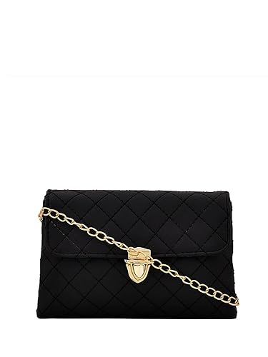 Yelloe Womens Synthetic Black Sling Bag with Gold Chain Strap