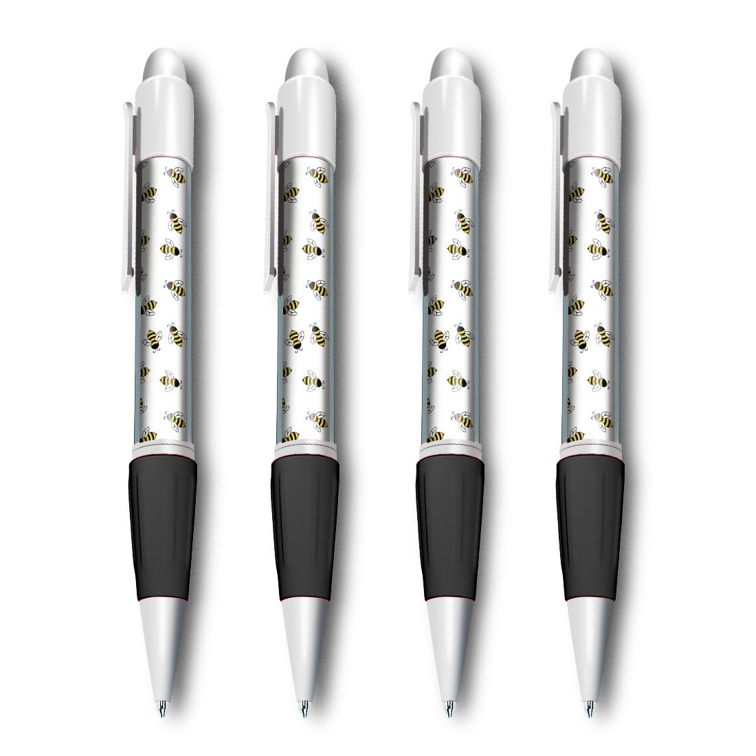Set of 4 White Ballpoint Pens (Photo Insert) - Little Bumble Bee Pattern - Soft Feel Finger Grip #51346