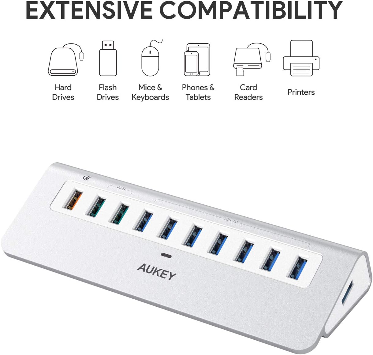 AUKEY Powered USB Hub, Aluminum 10-Port USB 3.0 Hub with 1 Quick Charge 3.0 Port, 2 AiPower Charging Ports, 7 USB 3.0 Data Ports, 12V/4A Power Adapter Compatible with Laptops, Phones, and More: Computers & Accessories