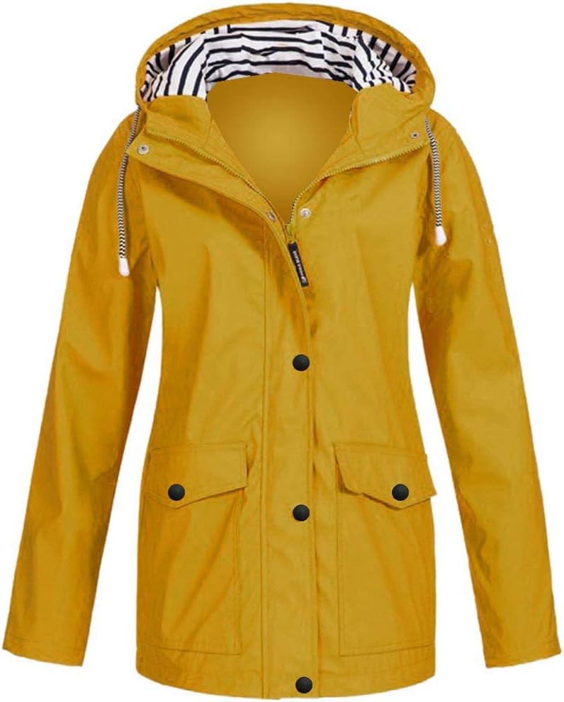 Honestyi Winter Women Autumn Casual Daily Coats Solid Rain Jacket Outdoor Plus Waterproof Hooded Raincoat Windproof Rainsuit, Raincoat Poncho Universal