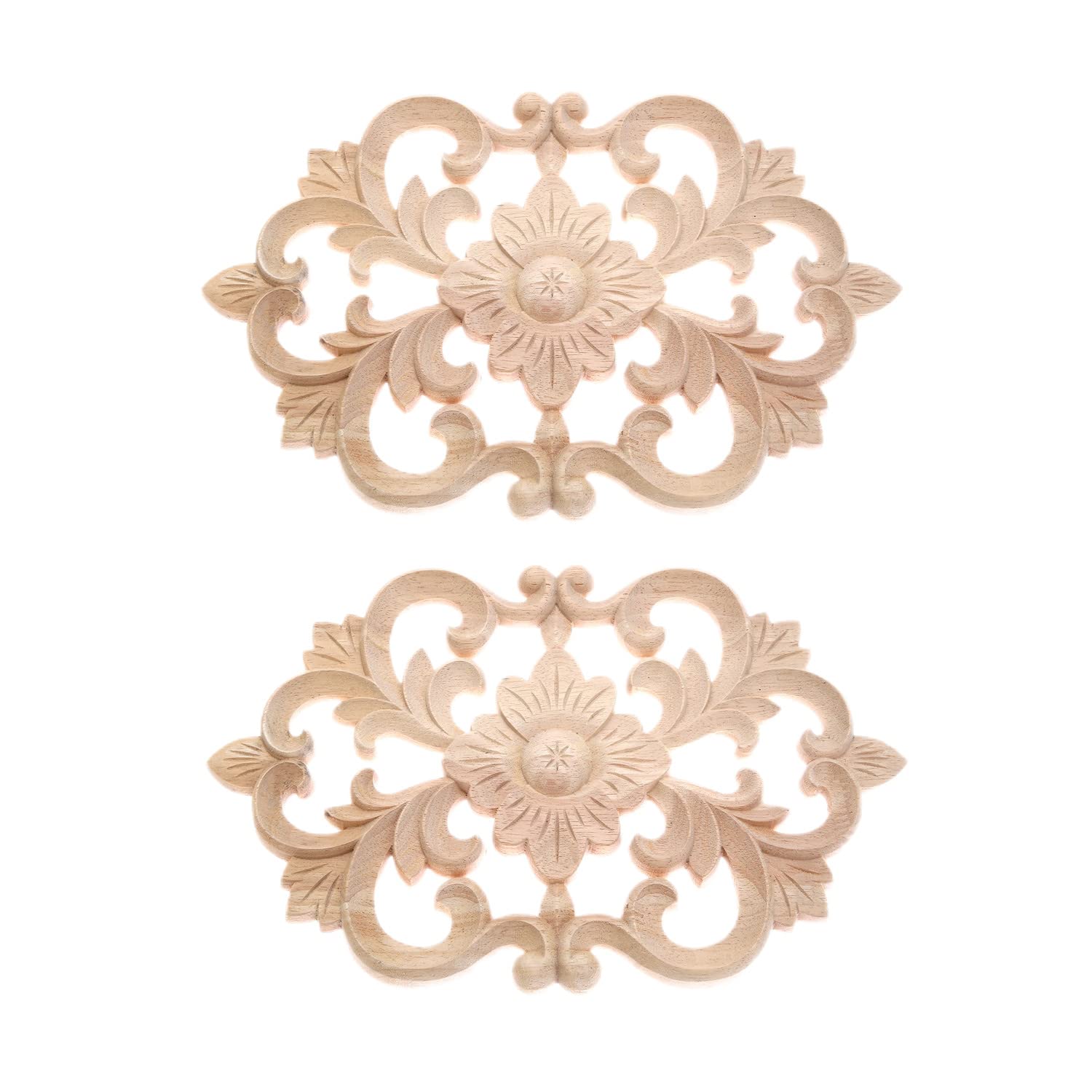 MUXSAM 2Pcs Woodcarving Furniture Decoration Unpainted Wood Round Onlay Applique Door Heart Decorative Clear Flower Pattern Craft 22x14cm