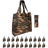 Aricsen 20 Pack 15x4.5x15 Inch Camo Reusable Shopping Bags with Handles Bulk, Foldable Grocery Bags, Machine Washable Durable Nylon Tote Bags, Polyester Fabric Cloth