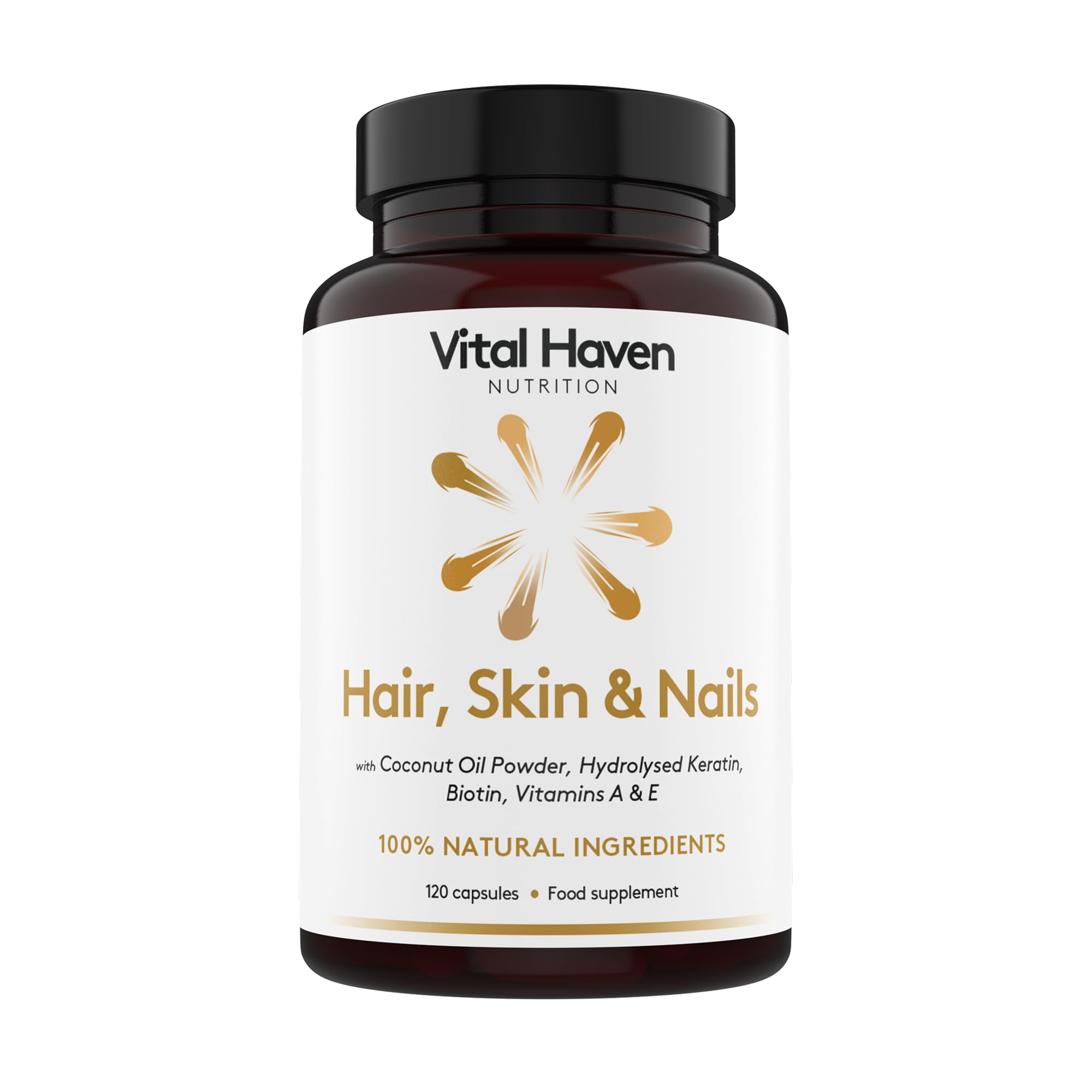 Vital Haven Hair, Skin & Nails Supplement - Biotin + Keratin + Vitamin A, E & Coconut Oil - UK Made