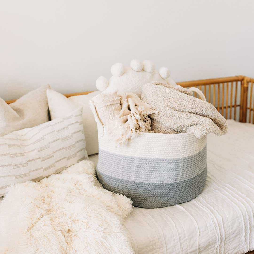 OrganiHaus Gray Extra Large Storage Basket for Blankets 20x13, Decorative Cute Laundry Hamper Basket for Clothes, Cotton Rope Basket for Blankets, Farmhouse Nursery Laundry Basket & Towel Hamper