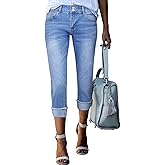 Sidefeel Women's Capri Jeans High Waisted Stretchy Roll-up Skinny Cuffed Cropped Zimbaplatinum Summer Capri Pants