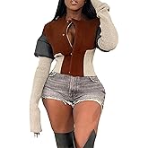 Ecirod Wool Coats for Women Padded Bubble Patchwork Knit Long Sleeve Zip Up Snap Flannel Jacket