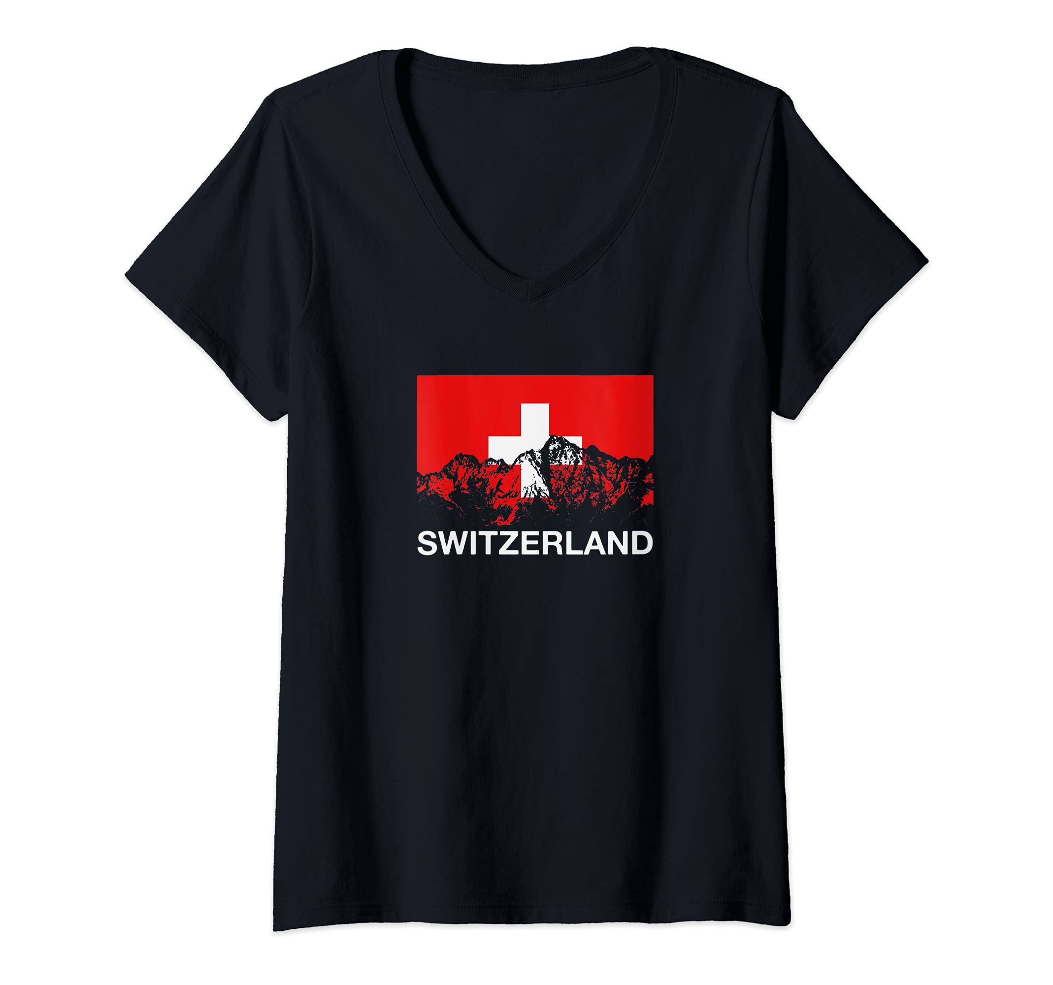Womens Switzerland Swiss Flag Ski Travel V-Neck T-Shirt