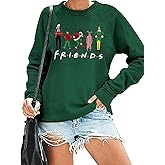 Christmas Friends Sweatshirt Women Funny Cartoon Graphic Pullover Top Christmas Movie Shirt Xmas Party Long Sleeve Tee (XL, Green10)
